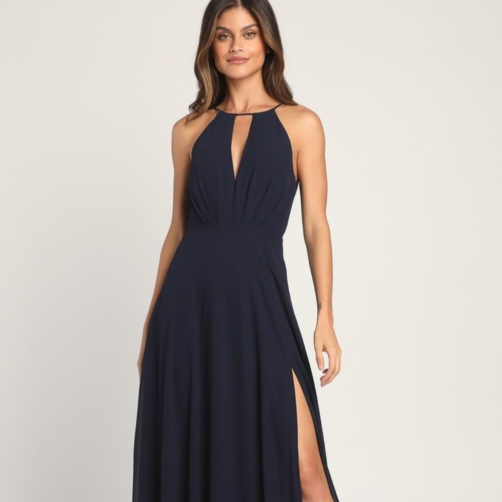 Lulus Aim for Amour Navy Blue Halter Neck Chiffon Maxi Dress size M